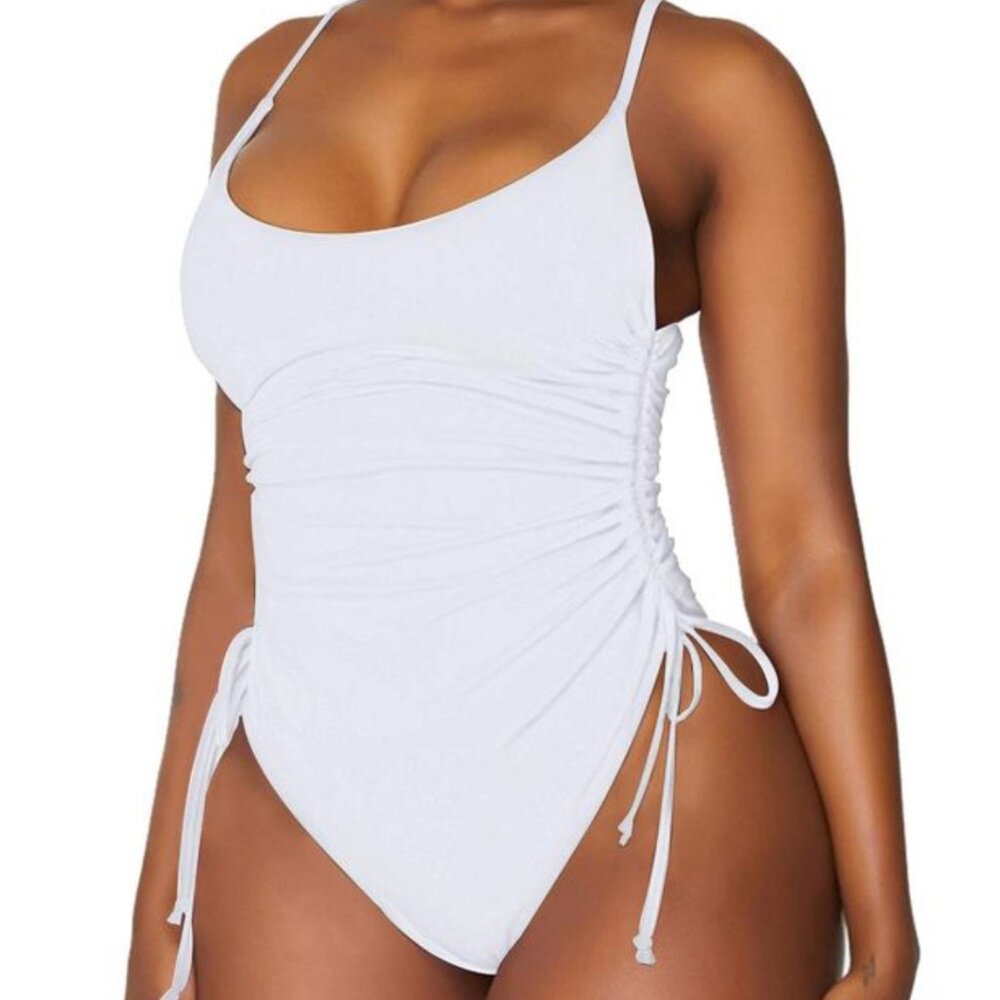 Viottiset Women's White Drawstring Tummy Control Swimsuit Plus Size: XXL